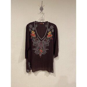 Johnny Was Shirt Womens Small Brown Embroidered Floral Boho Tunic Top 3/4 Sleeve